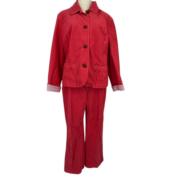 VTG LLBean Corduroy 14P Pants Suit Set 20P Jacket Pink Womens Embroidered Cuffs
